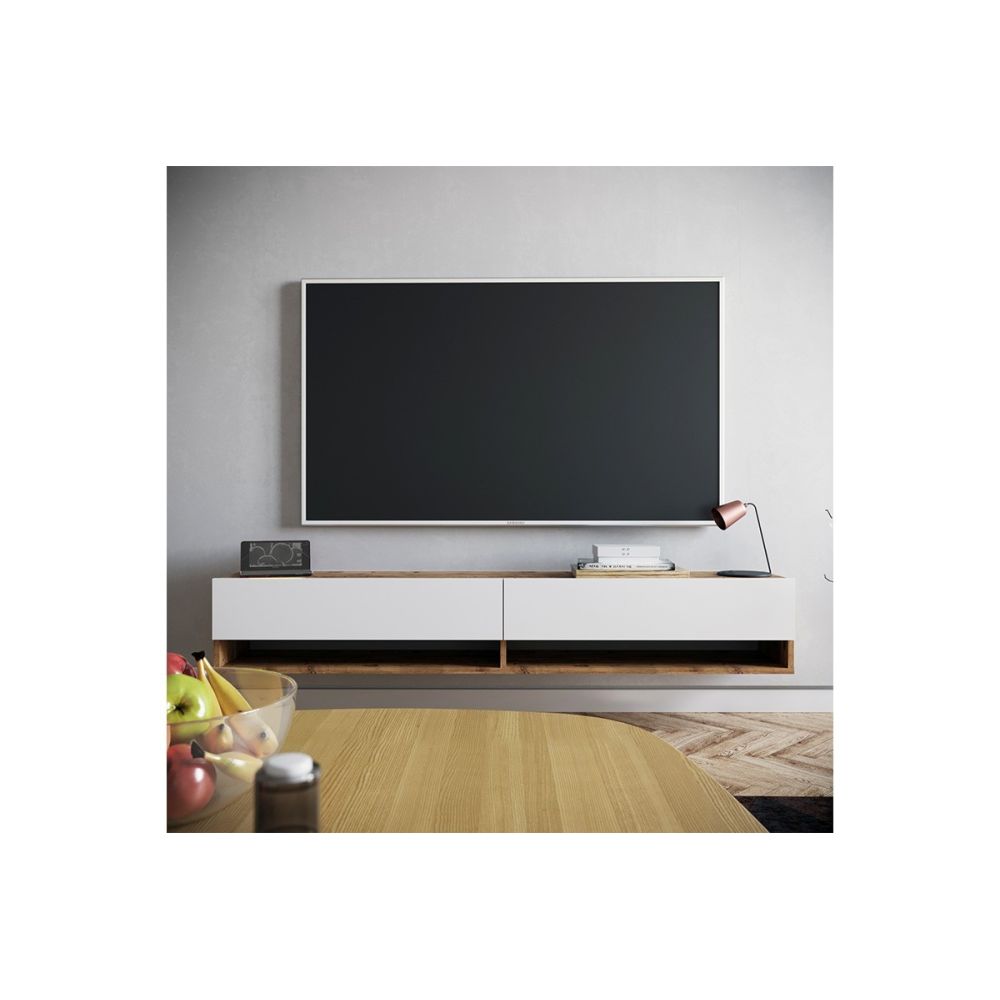 Mueble de TV de Pared Moderno Blanco-Roble - 180x31,5x29,5 cm - 2 Cajones y Estantes.