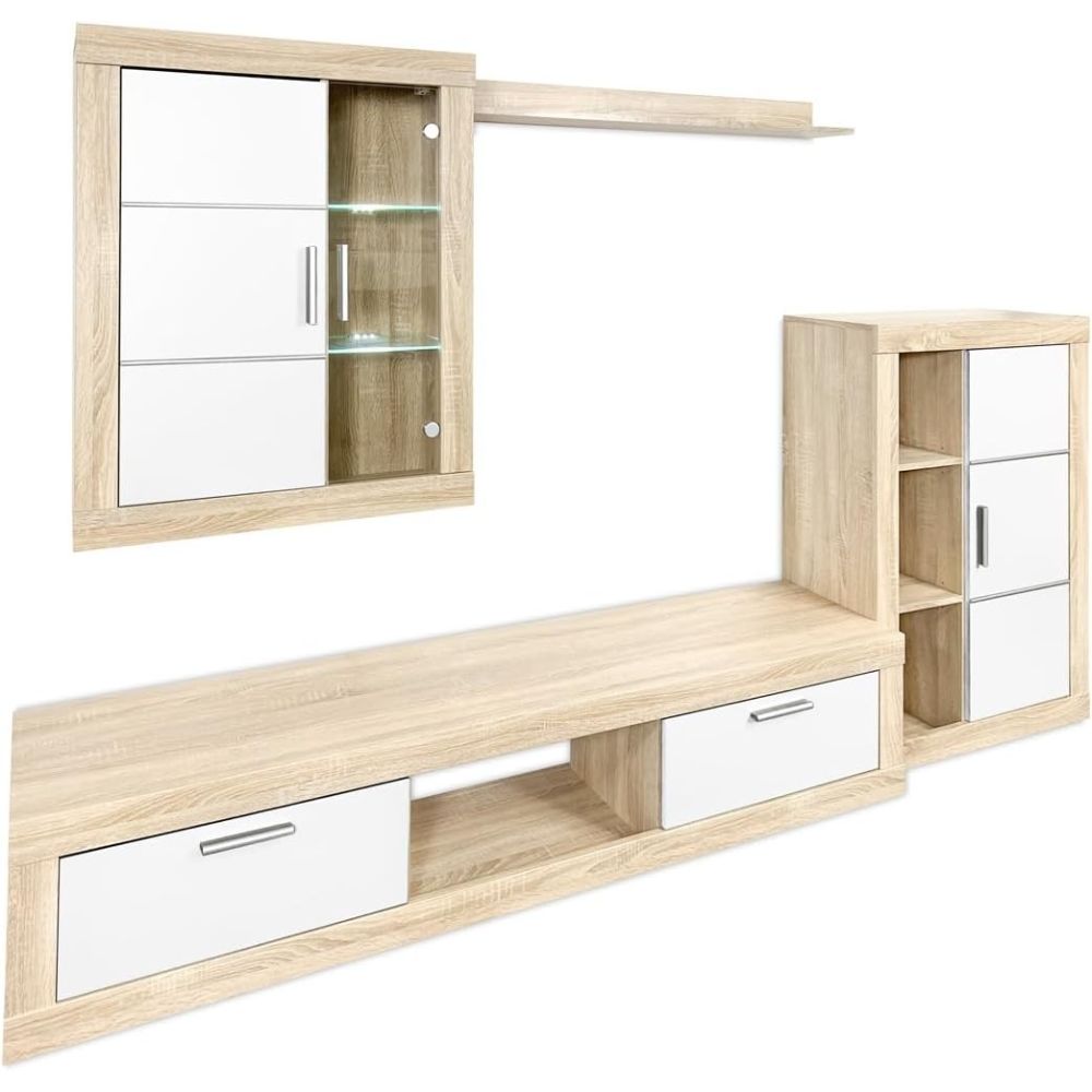 Mueble de salón y TV Moderno con Leds Color Cambria, cambria y blanco módulo de comedor