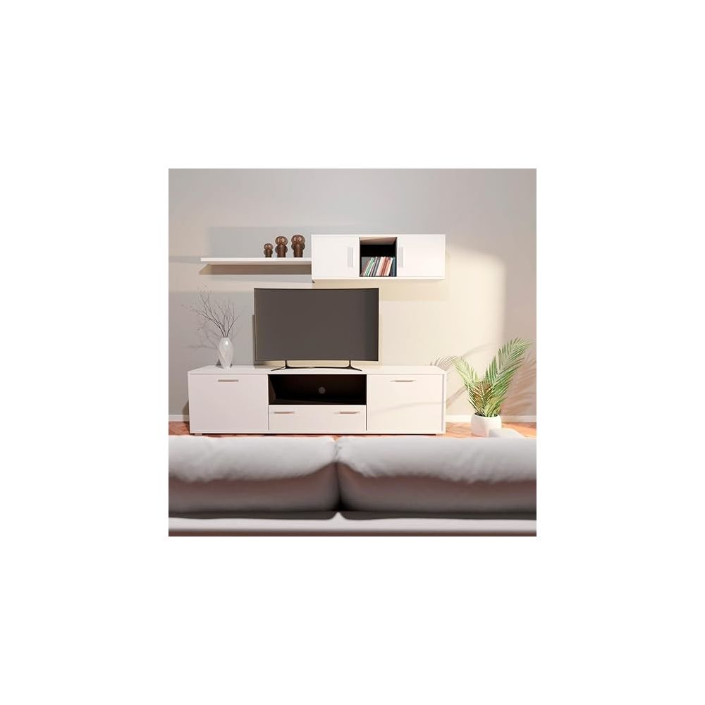 Mueble de salón y TV Composición para salón 200 Cm, blanco gran espacio almacenamiento