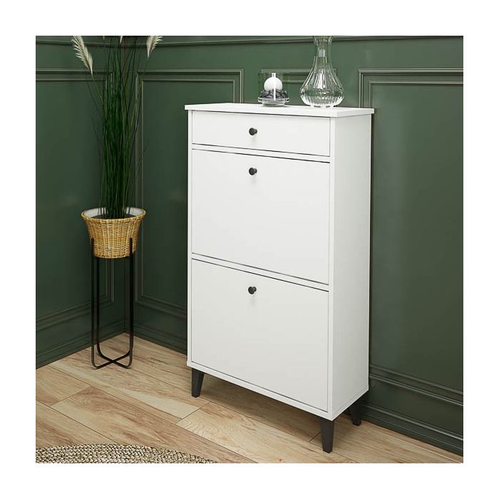 Mueble Zapatero Blanco con 2 Puertas y 1 Cajón | 61,1 x 110 x 25 cm