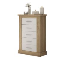 Cómoda, Sinfonier 5 Cajones, Acabado en Blanco y Cambrian, Medidas: 66 cm (Ancho) x 107 cm (Alto) x 39,6 cm de (Fondo)